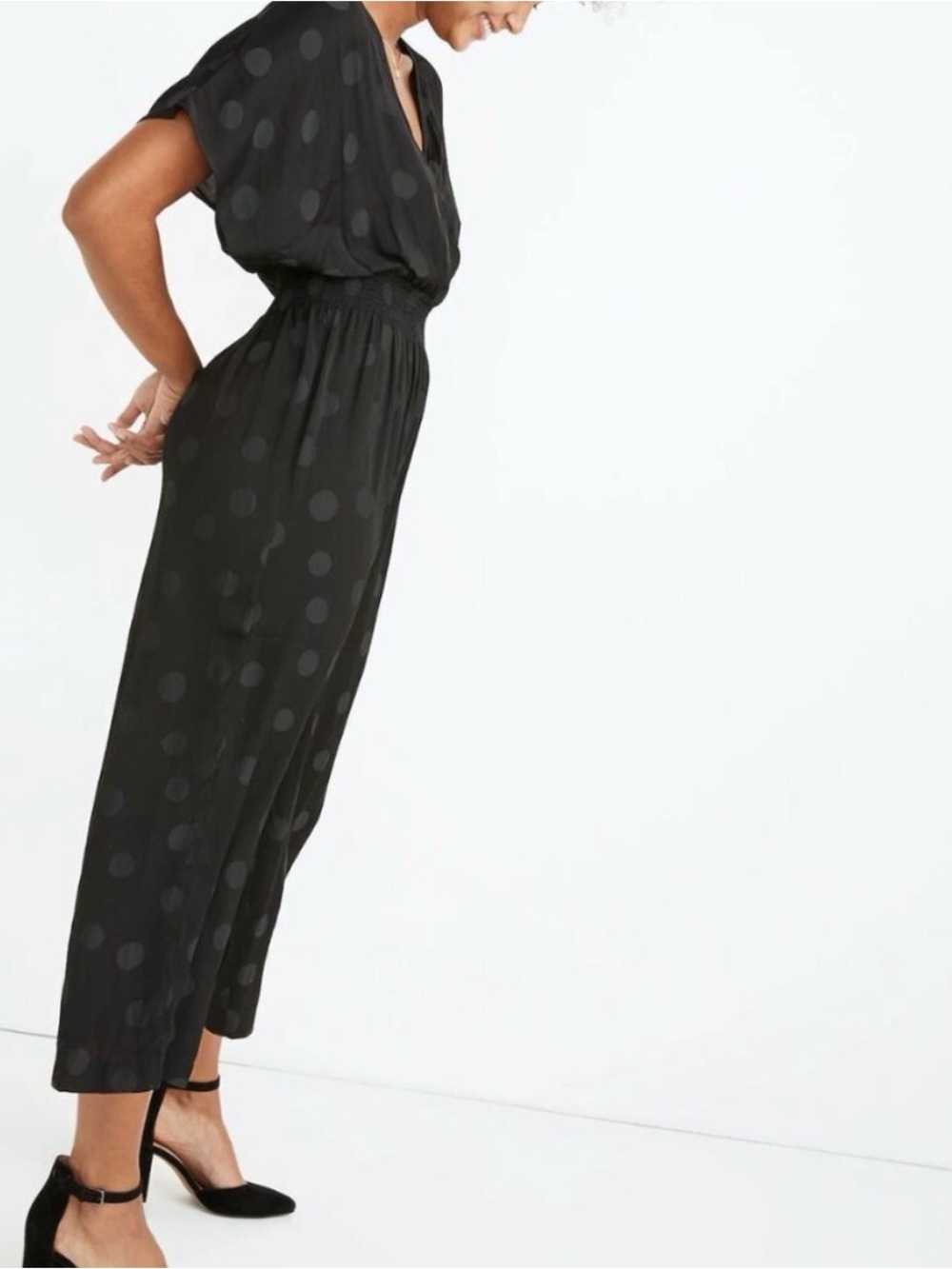Madewell Wrap Front Smock Waist Jumpsuit in Dot Jacquard Sz XS - Picture 2 of 4